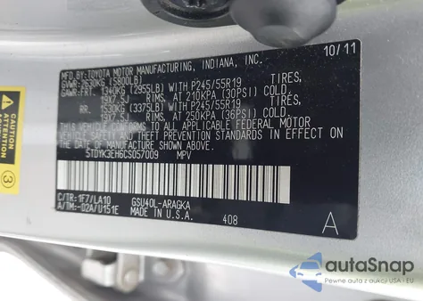 2012 Toyota Highlander Limited V6 z USA, uszkodzony, nr VIN 5TDYK3EH6CS057009